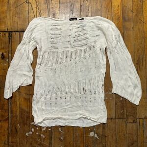 Moda‎ International Sweater Women's Small White Crochet Linen Boat Neck Pullover